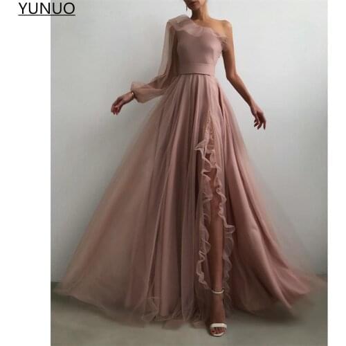 YUNUO Asymmetrical Tulle Long Prom Dresses One Shoulder Sleeve Ruffles Skirt A Line Evening Gowns Maxi платье на выпускной