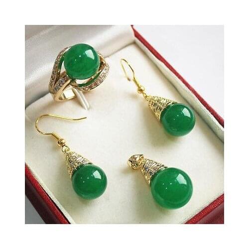 Nobility Woman natural Jewelry Main Stone AAA 12mm Green Pendant Necklace Earrings Ring Set Grad -jewelry -jewelry