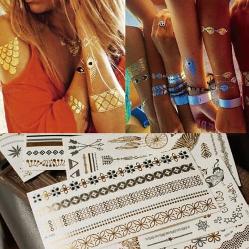 Body Art Gold Metallic Tattoo Sticker Bracelet Fake Tattoo Waterproof Temporary Tattoo for Summer Beach Music Festival Style