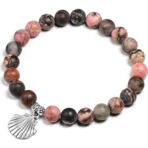 Natural Matte Rhodochrosite Bead Bracelet Blue Spotted Stone Bracelets For Women Mne lovers Jewelry Shell Charm Bangle Gift