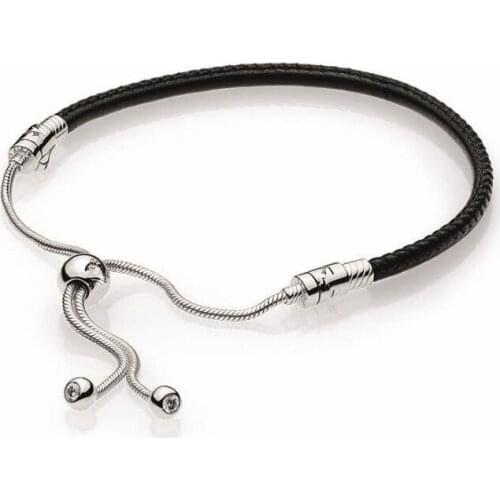 925 Sterling Silver Moments Black Leather With Adjustable pandora Bracelet Bangle Fit Bead Charm Diy Europe Jewelry