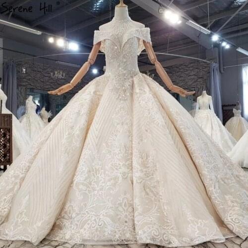 Dubai Champagne Sexy High Neck Wedding Dresses 2020 Pearls Beading Sparkle Sleeveless Bridal Gowns HX0270 Custom Made