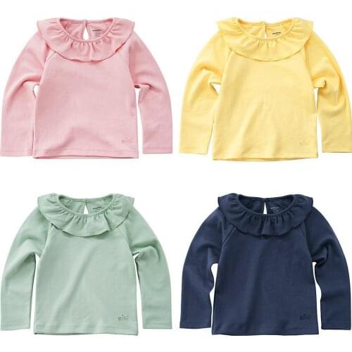 Baby Girls Lotus Leaf Collar T-shirt Girls Long-sleeved Embroidery Shirt Soft Cotton Knit Clothes Children Ruffle Neck Tops Out