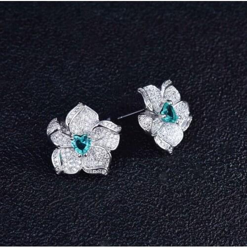 Exquisite Cute Flower Stud Earrings Inlay Sky Blue Heart Cubic Zircona Charm Piercing Earrings For Women Wedding Engagement