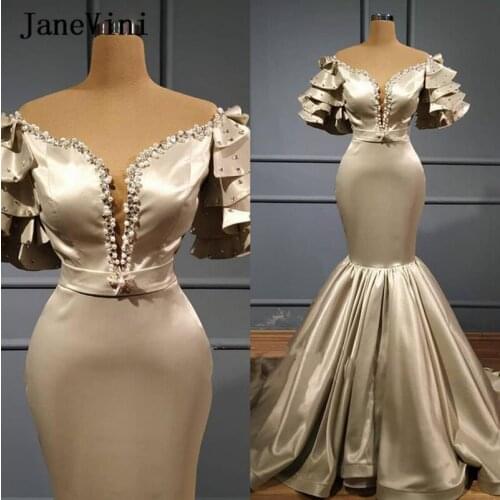 JaneVini 2020 Sexy Champagne Mermaid Long Evening Dresses Off Shoulder Beaded Pearls Dubai Arabic Satin Women Formal Party Gowns