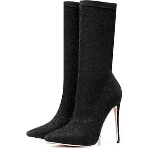 LanLoJer Sexy Ultra-high Heels Party Women Shoes, Cloth, Elastic Boots, About 12cm High Heel Mid- calf Womens Boots