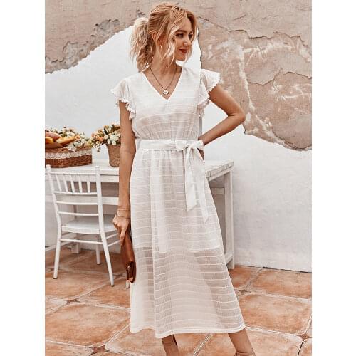 2020 New Summer Vintage Lace Up Dress Women Ruffles V-neck Solid High Waist Black White Mid-calf Dress