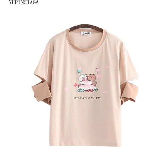 Summer 2021 Kawaii Rabbit Print Cotton Harajuku T shirt Student Girl Childlike Loose O-neck Half-Sleeved Basic Tops Tees 2117553