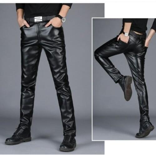 Mens Leather Pants Thin Spring and Summer Slim Fit Leather Motorcycle Pants Man Faux PU Leather Pants Casual Overalls Waterproof