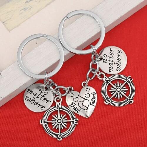 2pcs BBF Best Friends Keychain Ring Set No Matter Where Compass Broken Heart Friendship Gift Unisex