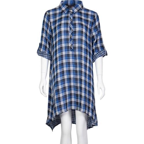 Neatie kiddie 100% Cotton Women Shirt Top Turn-down Collar 3/4 sleeve Plaid Long Blouse Female
