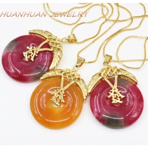 30mm Flat Circle Pendant Stainless Steel Chain Necklace Charms Natural Stone Jades Pendulum Reiki Chakra Pendants Jewelry B3364