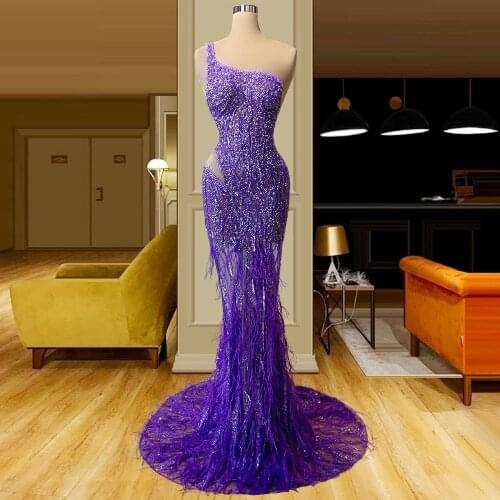 Luxury Purple Long Feathers Evening Dresses Beaded Dubai Mermaid Party Dress 2021 Couture Crystal Sequined Illusion Prom Gowns