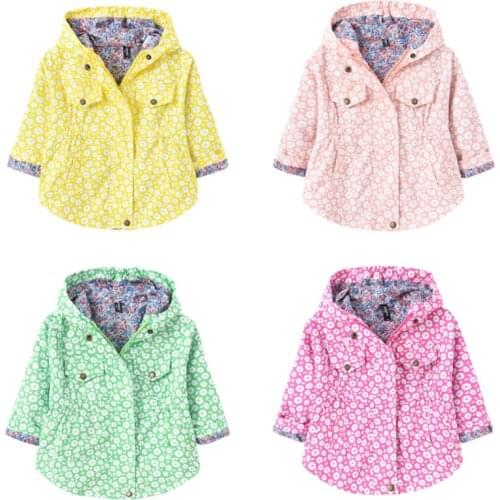 Spring Autumn Girls Windbreaker Coat Baby Kids Flower Printed Hooded Outwear Cute Casual Baby Kids Coats Jacket Clothing
