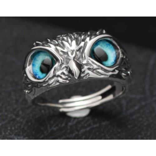 Retro Gothic Owl Rings for Women Men Blue Crystal Eyes Finger Ring Adjustable Punk Hip Hop Open Cuff Vintage Animal Ring Jewelry