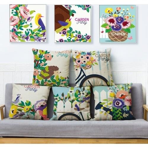 Spring Colorful Bird Flower Bicycle Cushion Cover 45*45 Pillow Covers Beige Linen Throw Pillows Cases Sofa Home Decor Pillowcase