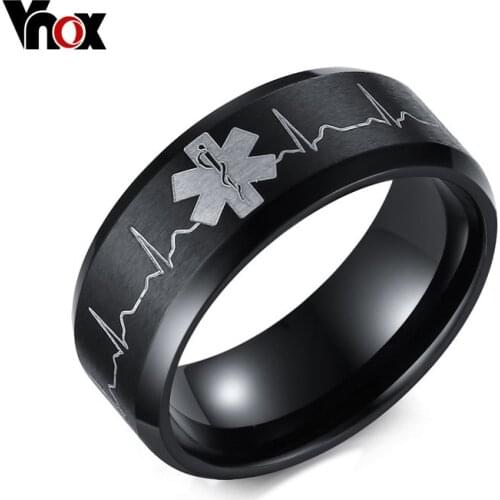 Vnox Medical Identification Rings for Men Jewelry Punk Black 8MM Stainless Steel ID Ring