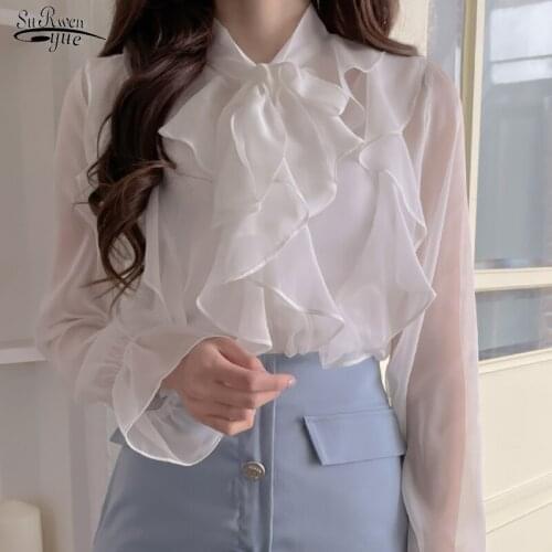 Spring Autumn 2021 Chiffon Blouse Elegant OL Fashion Tops Sweet Bow Shirts Women Casual Long Sleeve Clothing White Blusas 13864