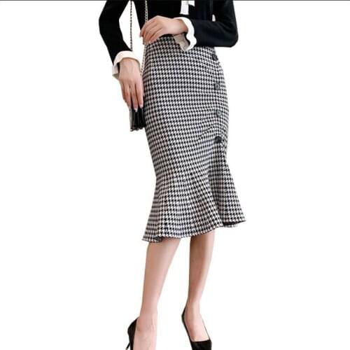 2020 Autumn Winter Midi Knitting Bodycon Plaid Skirt Women High Waist Sexy Flouncing Fishtail Skirt Faldas Jupe Femme Saia