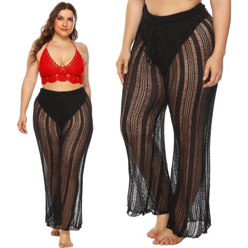 Large Size Womens Pants Solid Color Sexy Hollow Perspective Knit Drawstring Strap Micro-flared Pants Casual Pants