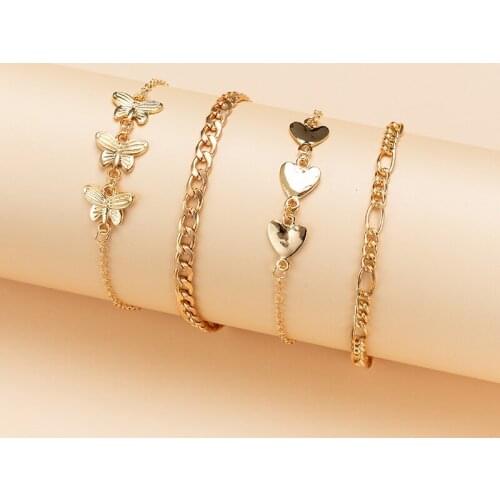 Classic Women Anklets Heart Butterfly Pendant Gold Anklet Set Fashion Summer Barefoot Sandals Foot Leg Bracelet Jewelry Gift