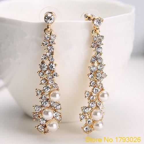 Elegant Women Ladys Pearl Rhinestone Ear Stud Chic Chandelier Earrings Jewelry 4TEE