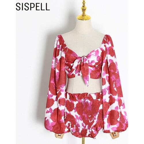 SISPELL Print Hit Color Fro Female Two Piece Set Tube Top Lantern Long Sleeve Cropped Top High Waist Slimming Shorts Womens Set