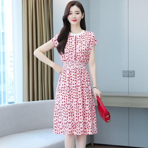 Summer Temperament Wave Point Chiffon Dress 2021 Korean style O Neck Womens Dress Split fork skirt