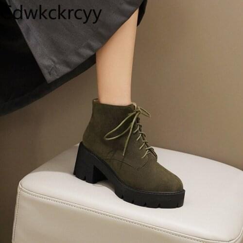 Winter The New fashion British style Lace Martin boots black ArmyGreen brown Round head Handsome High heels Women boots