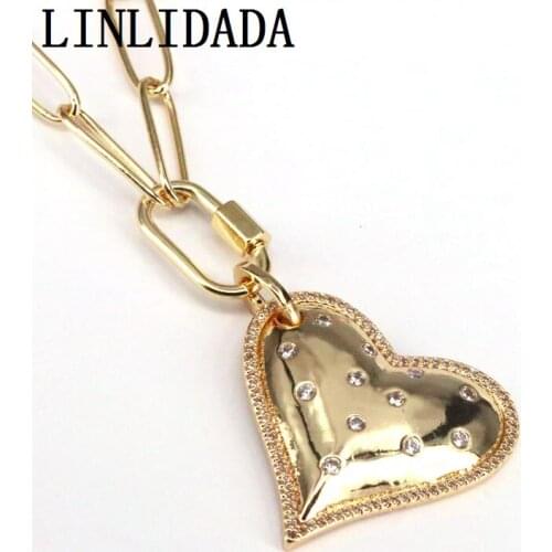 3Pcs Pave CZ Zircon Heart And Oval Spiral Buckle Necklace Gold Color Chain Jewellery Boho Pendant Necklaces for Women Girl