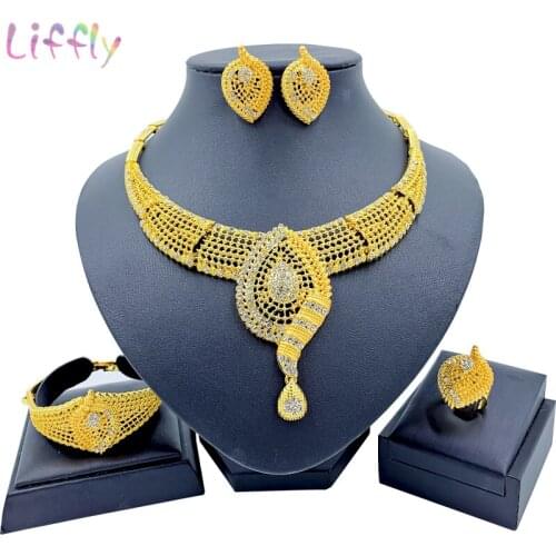 African Fashion Jewelry Sets Water Drop Shaped Necklace Gold Bracelet Elegant Bridal Earrings Ring Crystal Jewelry
