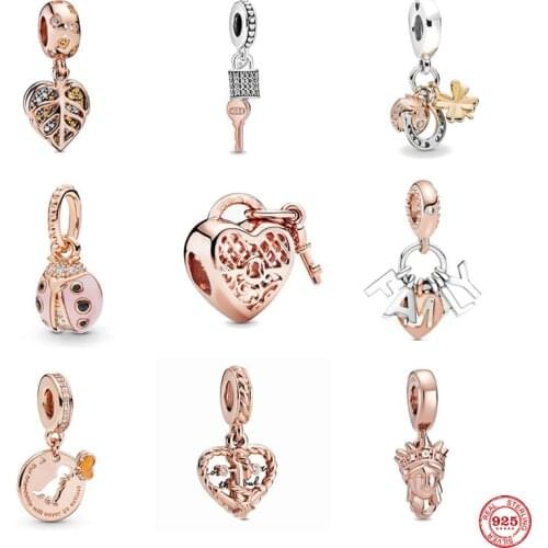 NEW rose gold ladybug key lock leaf family diy bead fit Original Pandora charms silver 925 Bracelet trinket jewelry for women