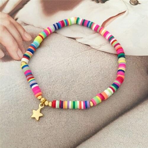 Casual Gold Color Plating Star Charm With Colorful Multi Polymer Clay Strand Bracelet For Women Girl Lovely Cute Dainty Jewelry