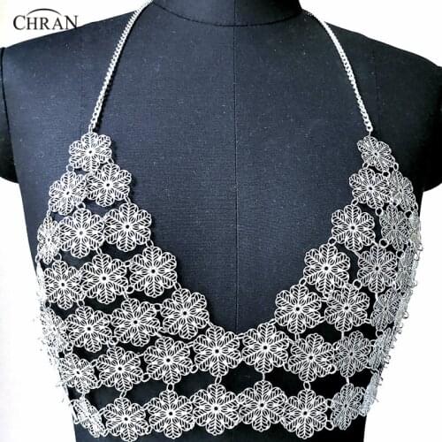 Chran Flower Chain Bra Bralete Disco Party Crop Top Beach Chainmail Cover Up Ibiza Harness Necklace EDM Festival Jewelry CRS223