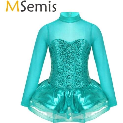 MSemis Girls Figure Ice Skating Competition Dress Children Sequins Long Sleeves Tutu Ballet Dance Costume Gymnastics Leotard