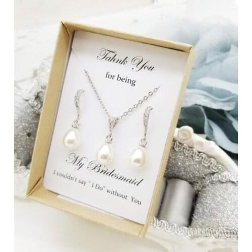 Personalized text wedding Bridesmaid elegant teardrop pearl Necklace dangle customize Necklace earrings set birthday gifts