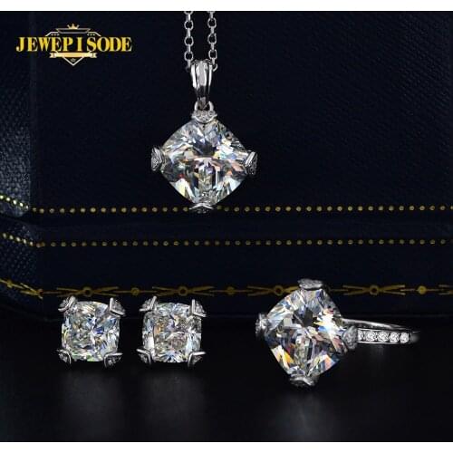 Jewepisode Classic 100% Real 925 Sterling Silver Created Moissanite Gemstone Jewelry Sets Wedding Party Necklace/Earrings/Ring