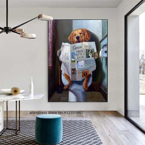 Funny Animals Canvas Poster Decorative for Bathroom Toilet Dog Read Newspaper Art Painting Print on Wall Picture for Home Decor