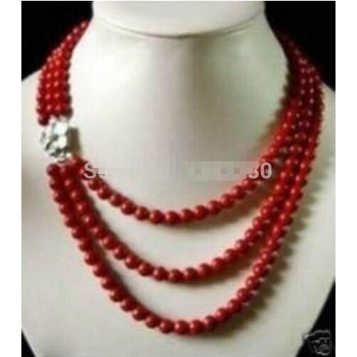 Fashion DIY Jewelry 3 Rows 6mm Red Coral Necklace 17-19 "