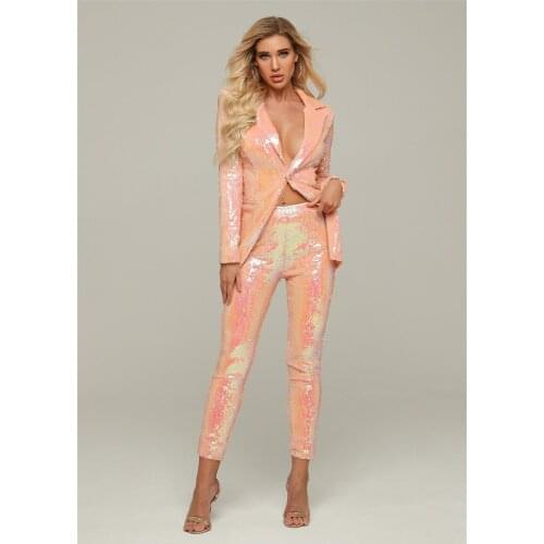 Fashion 2019 Long Sleeve Coat With Pant 2 Pieces Sequins Winter Women Sets Evening Party Set