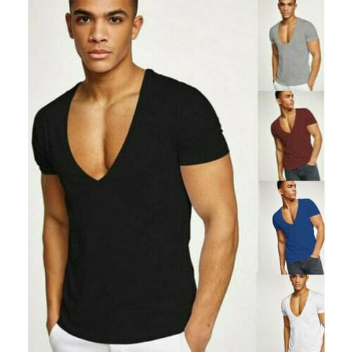Men Sexy Workout Gym Tee Fitness Bodybuilding Muscle Fit Deep V Neck Design T-shirt with Tops Tee