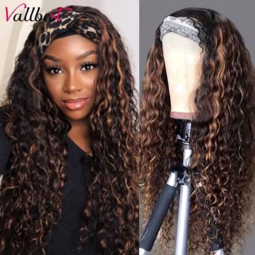Vallbest Highlight Water Wave Human Hair Wig With Headband Brazilian Colored Headband Wig For Black Women Glueless 150 Density