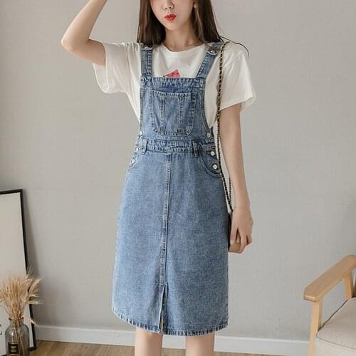 2021 Summer Denim Dress Women Casual Sundress Plus Size Loose Overalls Dresses Female Blue Strap Jeans Dress vestidos
