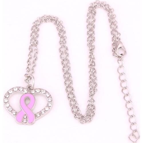 Drop shipping 1pcs Breast Cancer Awareness Pink Enamel Ribbon Bow Crystal Heart pendant with 18" link Chain Necklace