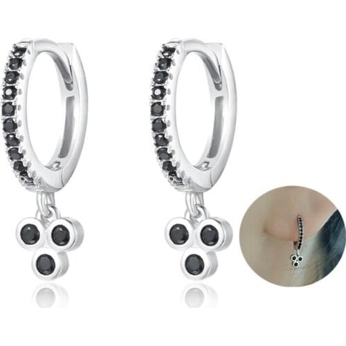 925 Sterling Silver Flower Pendant Huggie Hoop Earrings Cartilage Piercing Fashion Black Cubic Zirconia Dangle Gold Plated Women