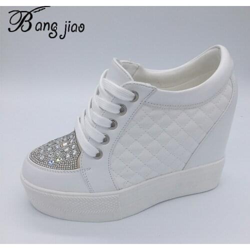 Spring Summer New Lace-up 11cm High Height Increasing Platform White Casual Shoes 2019 Women Breathable High Heels Shoes Woman