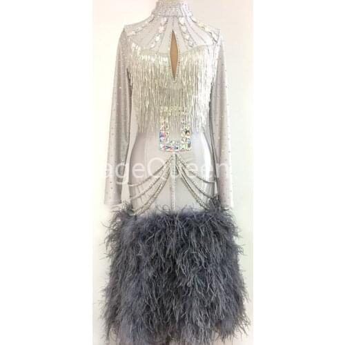 High-end Customizable Feathers Sparkly Rhinestones Women Latin Dance Dress Design Dance Ballroom Dancing Competition Dresses
