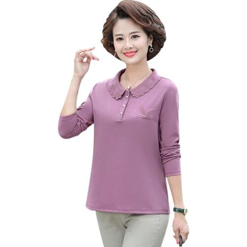 Embroidery Tee Tops Women Long Sleeve T-Shirt Turn-down Collar Pullover Tshirts Spring Fall Middle Age Mother Clothing 5XL