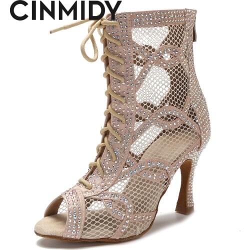 CINMIDY New Sexy Dance Boots Belly Dance Latin Jazz Pole Dance Shoes Breathable Soft Sole Sandals Women Rhinestone High Heels
