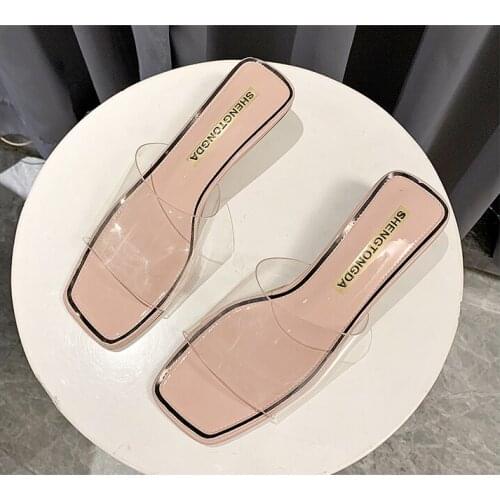 Fashion Transparent PVC Women Slippers Sexy Square Toe Shoes for Women Designer Slides Temperament 2021 Summer High Heels